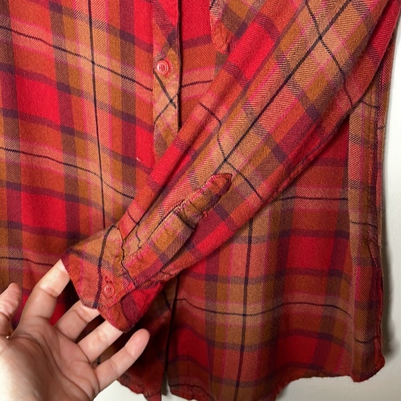 Beach Lunch Lounge Red Plaid Soft Comfy Cozy Rayon Plaid Button Down Flannel XS - Picture 5 of 9